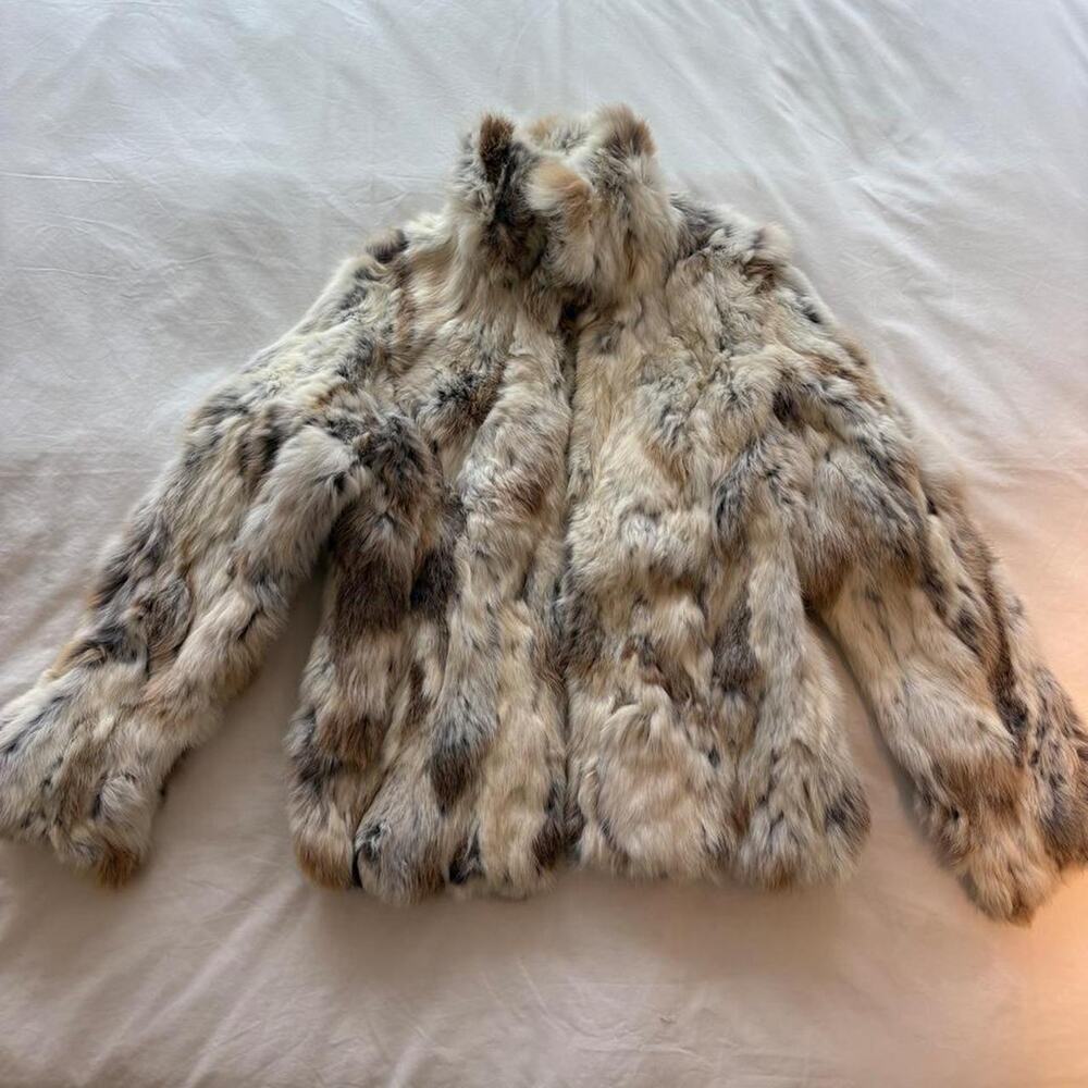 Femme bios real rabbit fur coat with brown and beige pattern